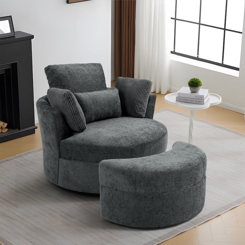 Chenille Swivel Accent Chair with Ottoman - Gray
