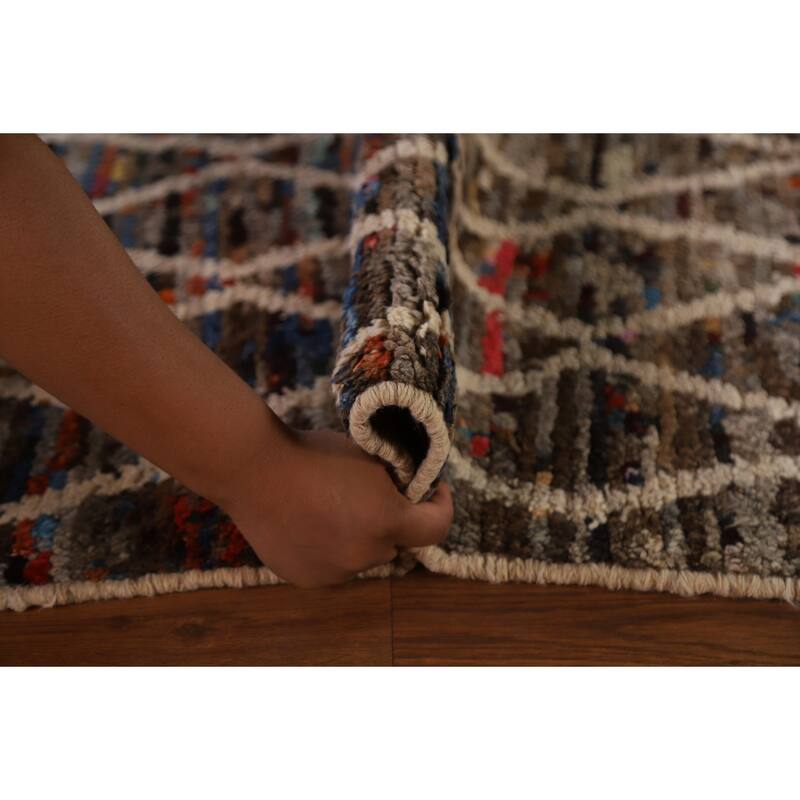 Hand Knotted Oriental 100% Wool Carpet Modern All-Over Black Moroccan Area Rug - 9' 7'' X 6' 3''