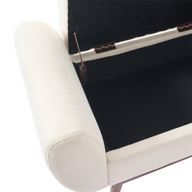 Linen Fabric Storage Ottoman Bench with Hidden Compartment and Rubberwood Legs