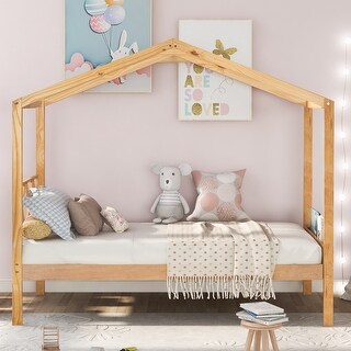 Twin Size Wood House Bed w/ Storage Space Platform Bed Frame for Kids, Teens, Girls, Boys No Box Spring Needed, Easy Assembly