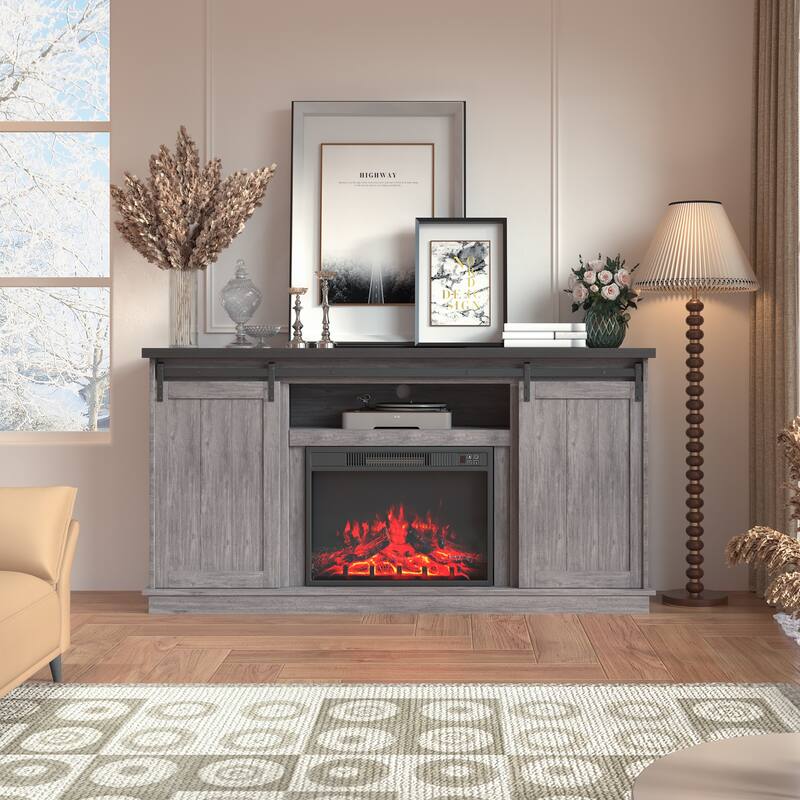 63" Farmhouse Fireplace TV Stand with Sliding Barn Door, Accommodates TVs Up to 65", Featuring Storage and Adjustable Shelves