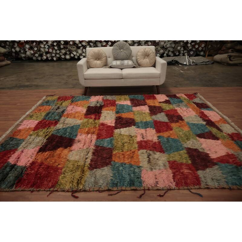 Hand Knotted Oriental 100% Wool Carpet Modern All-Over Multi-Colored Moroccan Area Rug - 9' 9'' X 8' 0''