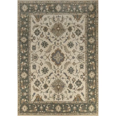 Floral Ivory Oushak Indian Area Rug Hand-Knotted Wool Carpet - 9'0" x 11'9"