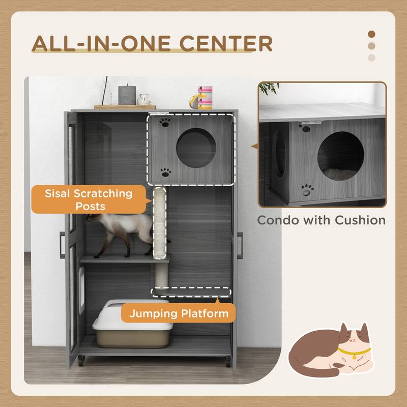 PawHut Cat Tree House with Scratching Post and Wheels, Gray