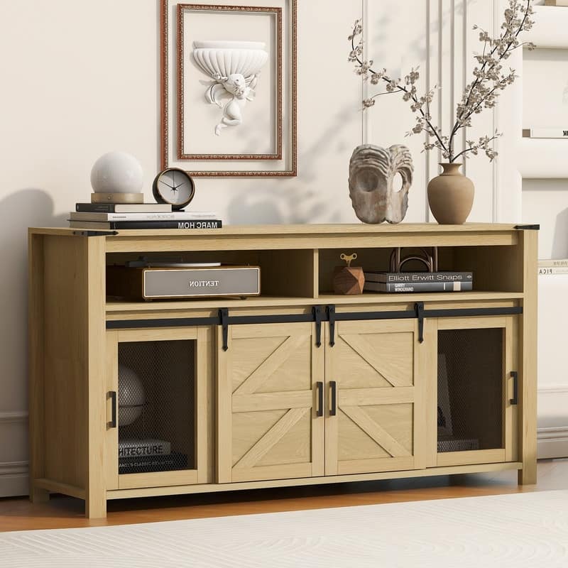 Farmhouse 59.3" Sideboard Buffet with Sliding Barn Doors and Open Storage for Living or Dining Spaces