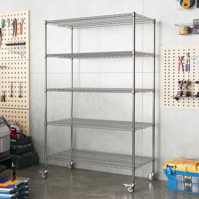 47''W x 24''D x 72''H 5 Tier Heavy Duty Adjustable Kitchen Shelving Unit, Wire Storage Shelves with Wheels