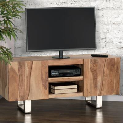 53" Acacia Wood TV Console, 2-Tier Shelf & Cabinet Storage, Cord Management, FSC Certified