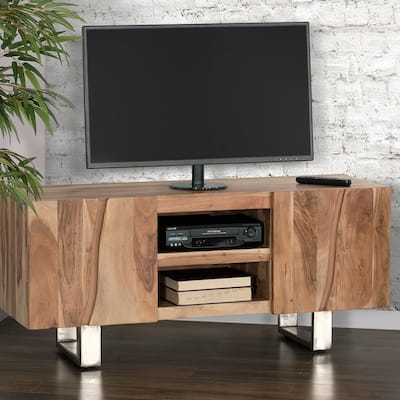 Mid-Century Modern Acacia TV Stand, 2 Shelves & Cabinets, Chrome Iron Legs, for TVs up to 60"