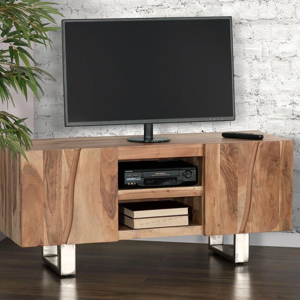 Mid-Century Modern Acacia TV Stand, 2 Shelves & Cabinets, Chrome Iron Legs, for TVs up to 60"