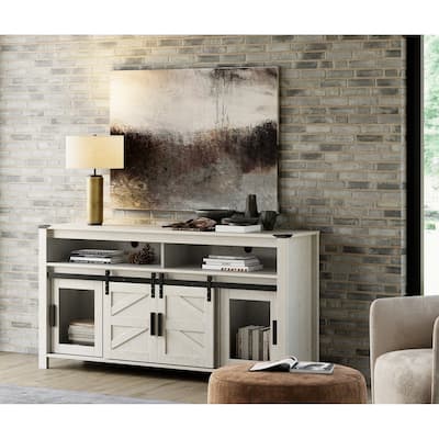 Rustic Wood TV Stand with Mesh and Sliding Barn Doors for Living Room