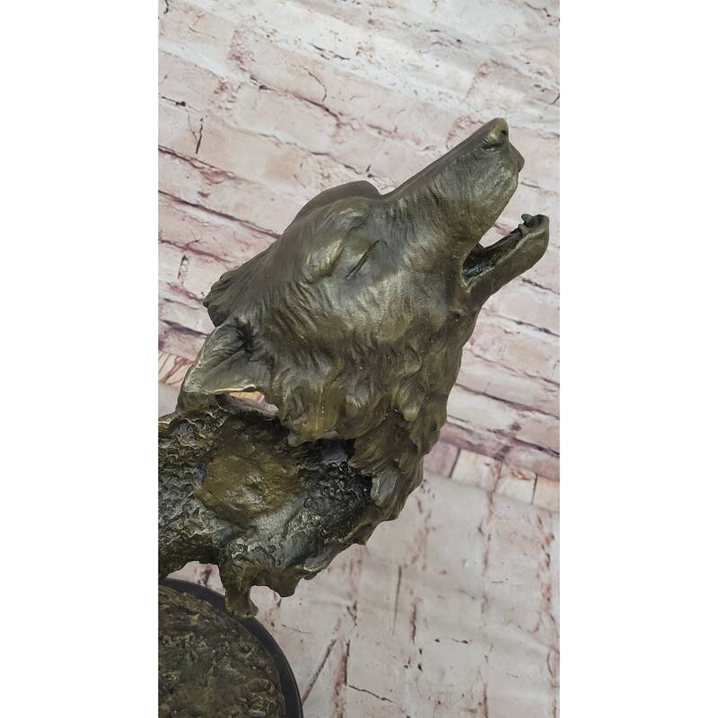 Howling Wolves Bronze Sculpture – Striking Dual Imitative Wolf Heads On Marble Base