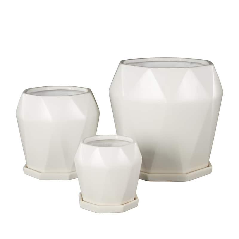 Ceramic Geometric Patterned Indoor Outdoor Planter with Attached Saucer - Set of 3 Black or White- Roche River Decor