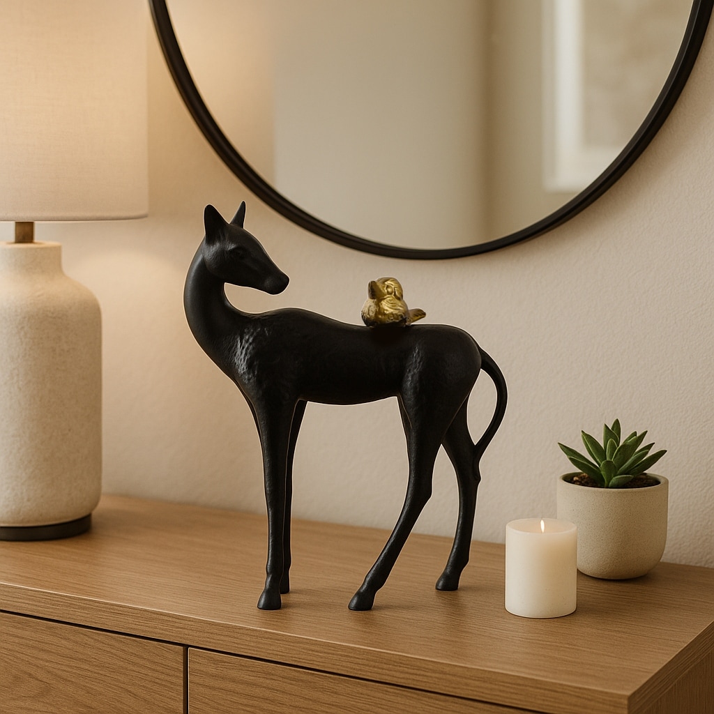 Decorative Horse Figurine Sculpture with Bird - 11", Black & Gold - 11.0"