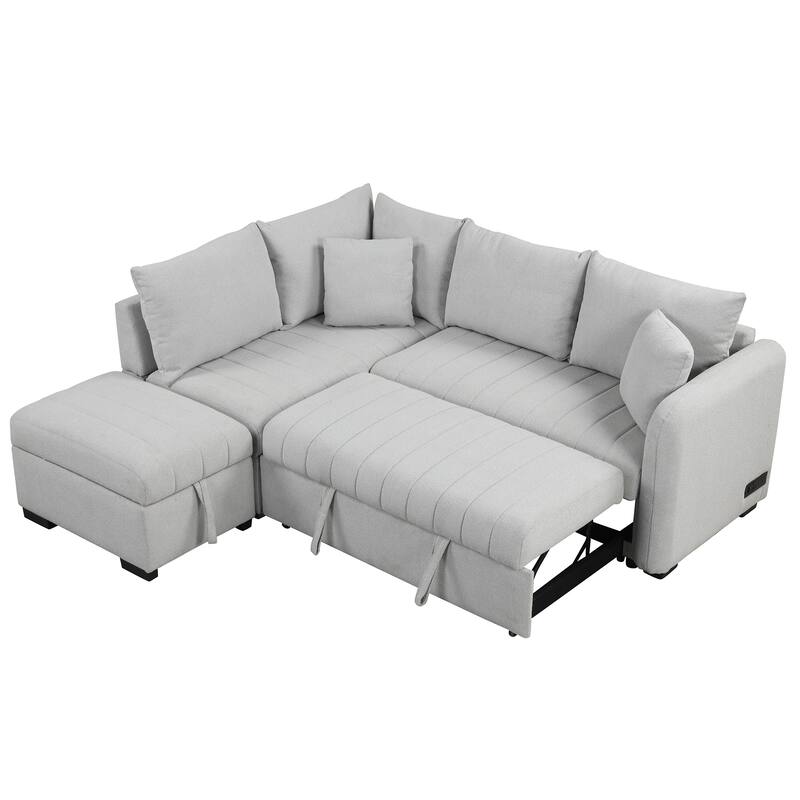 L-Shaped Sectional Sofa with Pull Out Sofa Bed & Storage Ottoman, Convertible Sleeper Sofa with USB Ports & Power Sockets