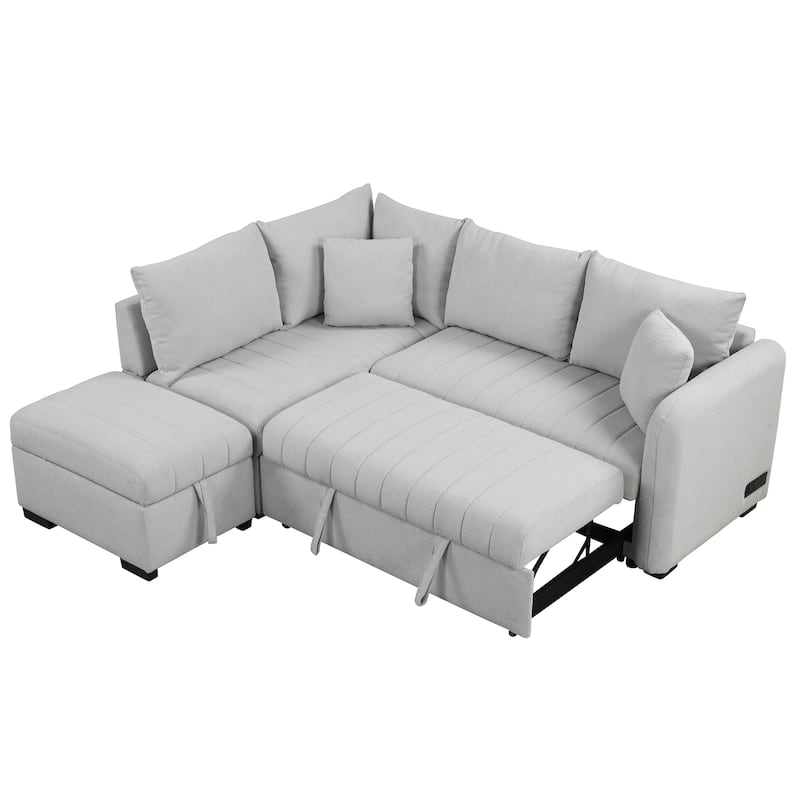 Roomfitters L-Shaped Pull-Out Sleeper Sofa with USB Ports, Power Sockets, and Movable Storage Ottoman