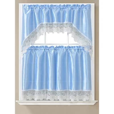 Roxie Embroidered Kitchen Curtain Set, Blue, Swag Valance 60x36, Tiers 30x36 Inches - 60x36, Tiers 30x36 Inches