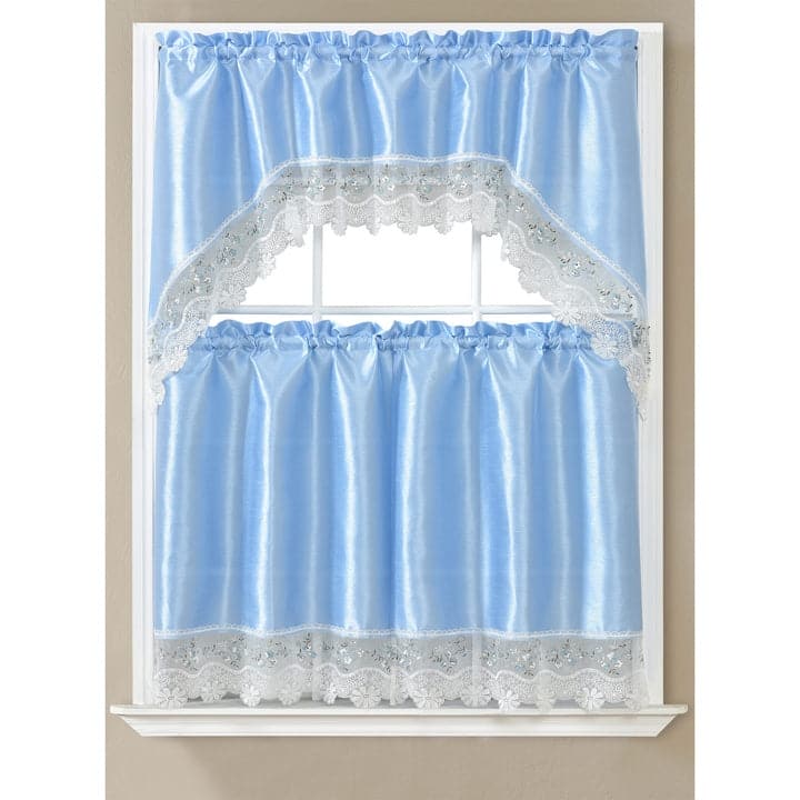 Roxie Embroidered Kitchen Curtain Set, Blue, Swag Valance 60x36, Tiers 30x36 Inches - 60x36, Tiers 30x36 Inches