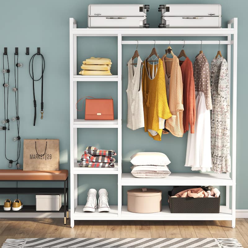 79 inche tall Freestanding Clothes Closet, Garment Rack with Shelves and Hanging rod clothing closet - white&white