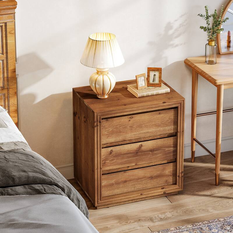 23.62" Solid Wood Nightstand with 3 Drawers, Rectangular Bedside Table for Bedroom