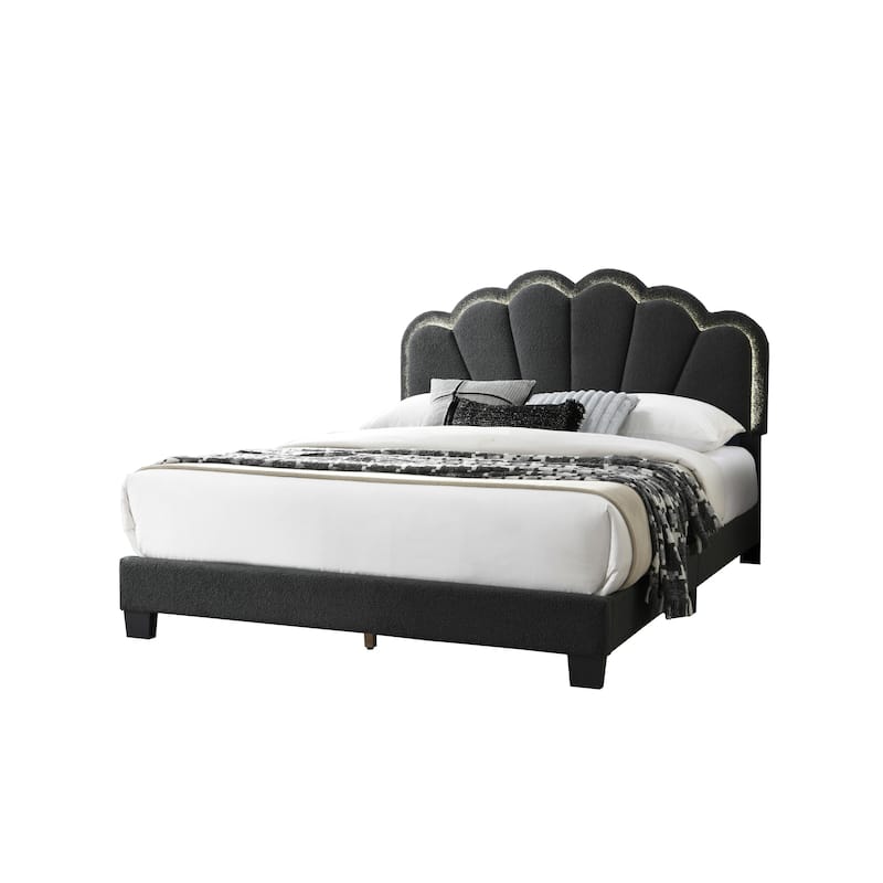 Queen Wool Fabric Platform Bed with LED Headboard & Floral Design