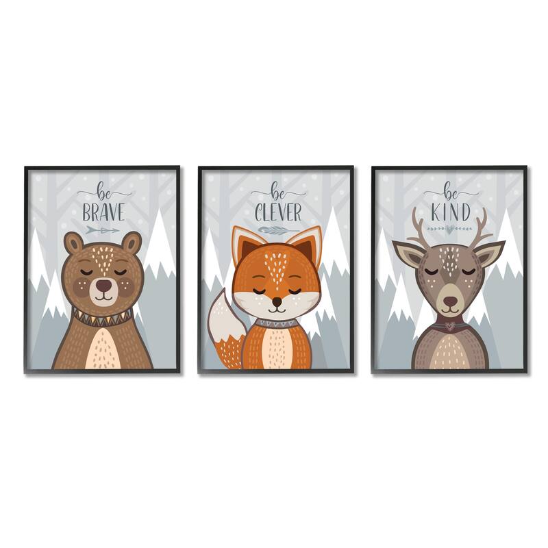Stupell Be Kind Brave and Clever Phrases Forest Animal, 3pc Multi Piece Framed Wall Art Set - 16 x 20 - Black