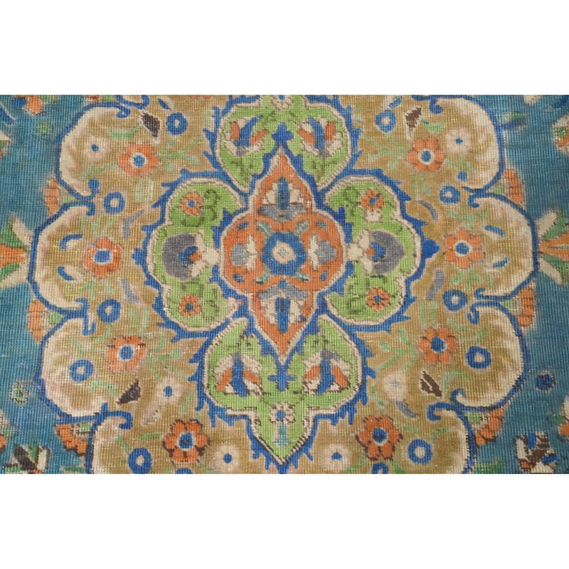 Hand Knotted Oriental 100% Wool Carpet Traditional Floral Navy Blue & Blues Tabriz Area Rug - 9' 2'' X 6' 8''