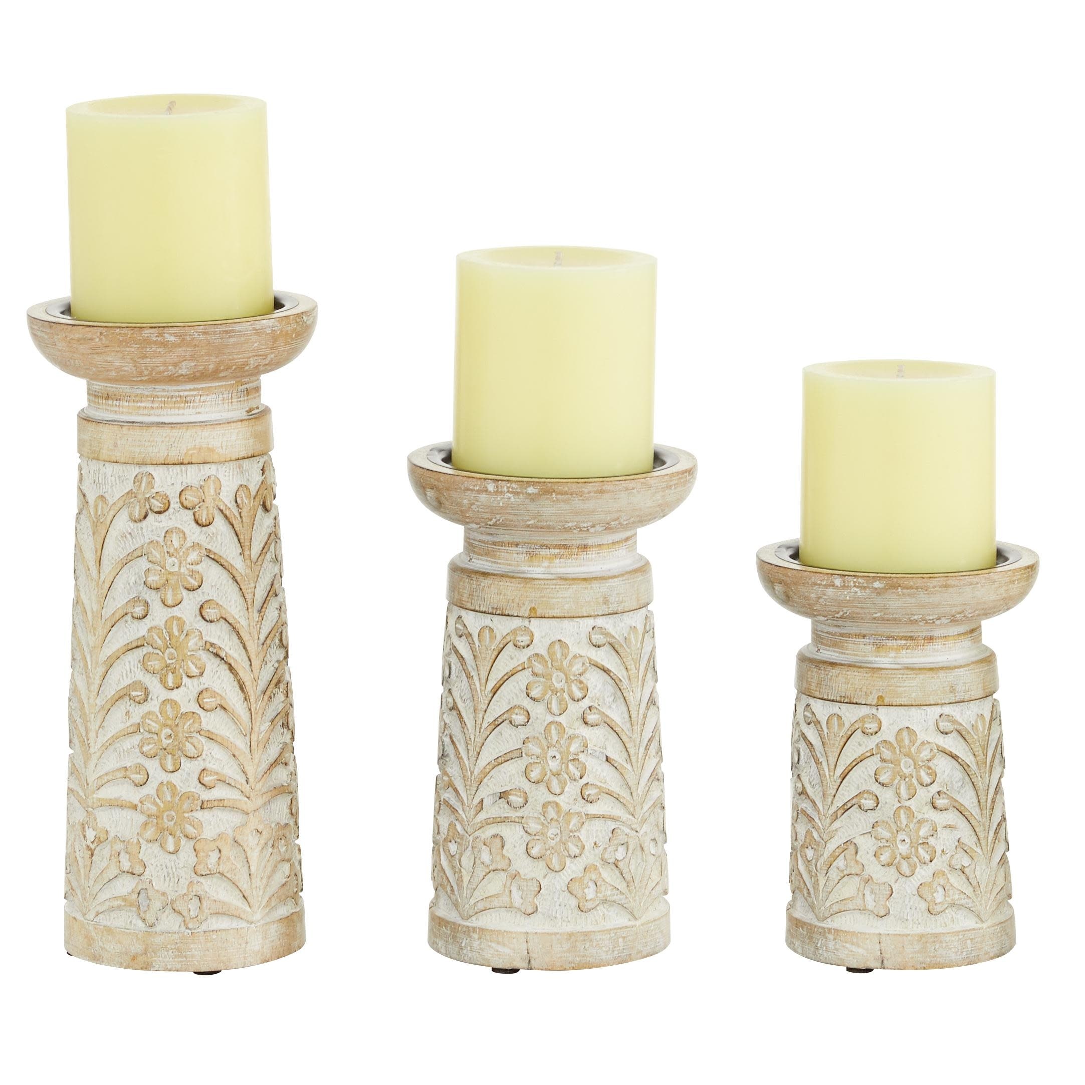 Roche River Decor -Mango Wood Handmade Carved Pillar Decorative Candle Holder - Set of 3 Brown or Light Brown