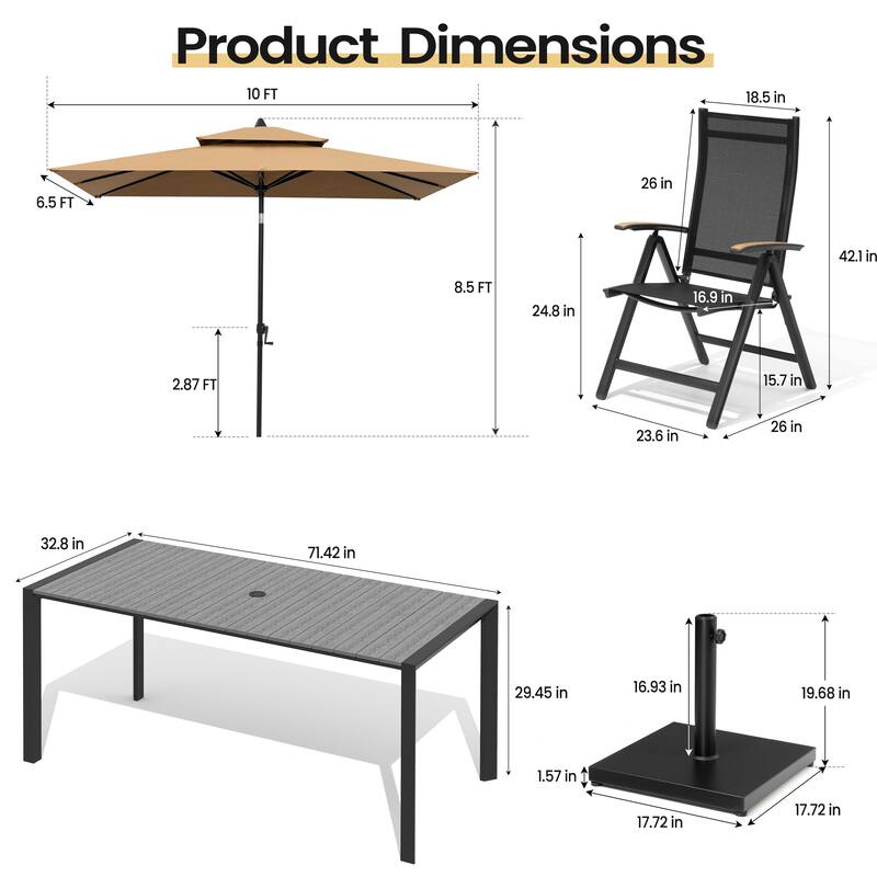 9-Piece Outdoor Patio Dining Set Wood Like Aluminum Umbrella Hole Table with Folding Chairs, Market Umbrella and Base