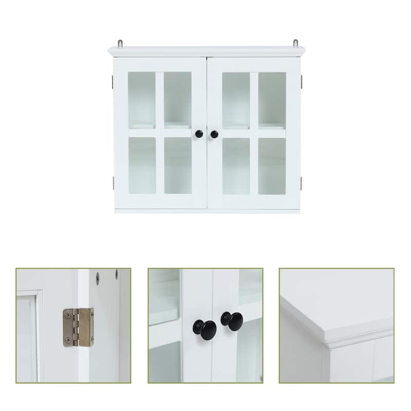 White MDF Wood Glass Pane Bathroom Wall Cabinet - 19.9" H x 23.6" W x 7.5" D