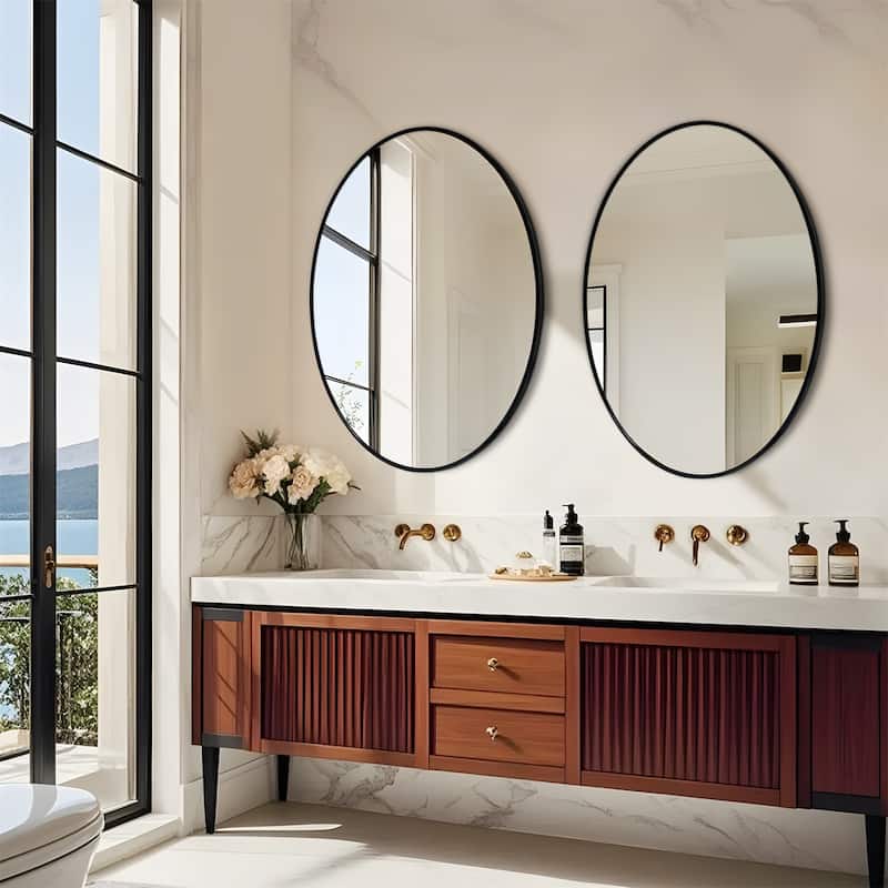 Modern Vertical Black Aluminum Frame Oval Mirror Wall Hanging Vanity Mirror