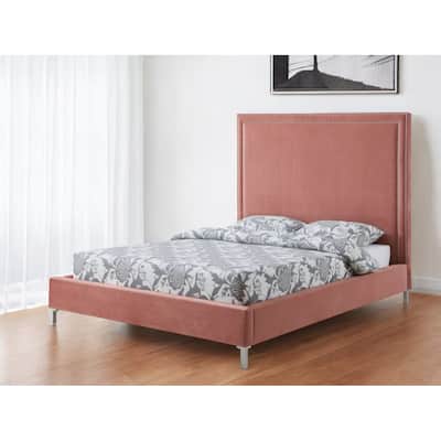 Blush Solid Wood Queen Upholstered Velvet Bed with Nailhead Trim