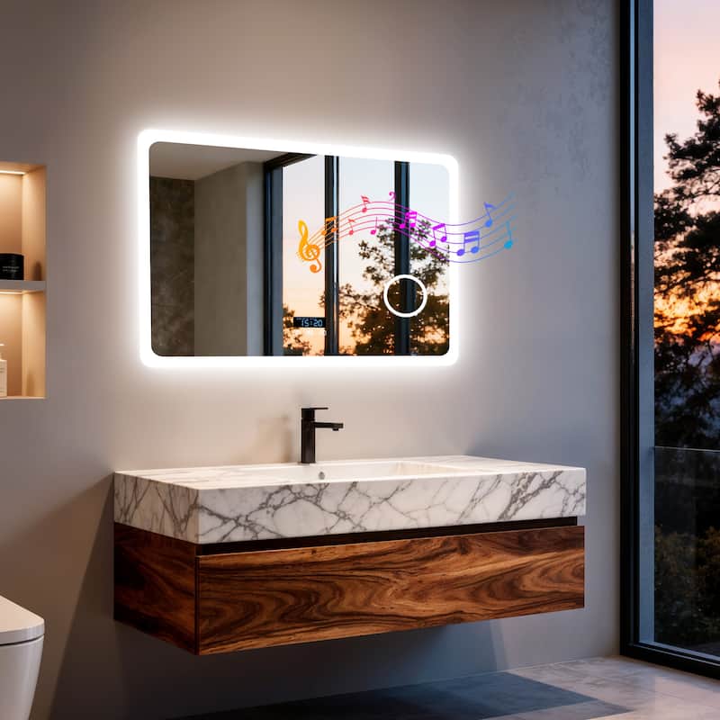 Smart LED Bathroom Mirror with Bluetooth Speaker, Anti-Fog Magnifying