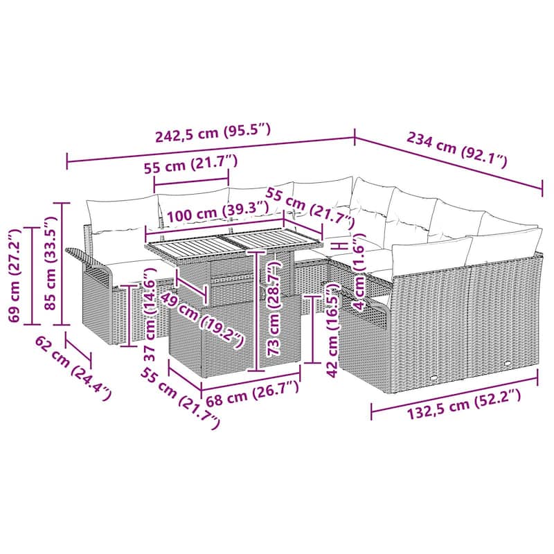 vidaXL 11 Piece Garden Sofa Set with Cushions - 95.5×92.1×27.2