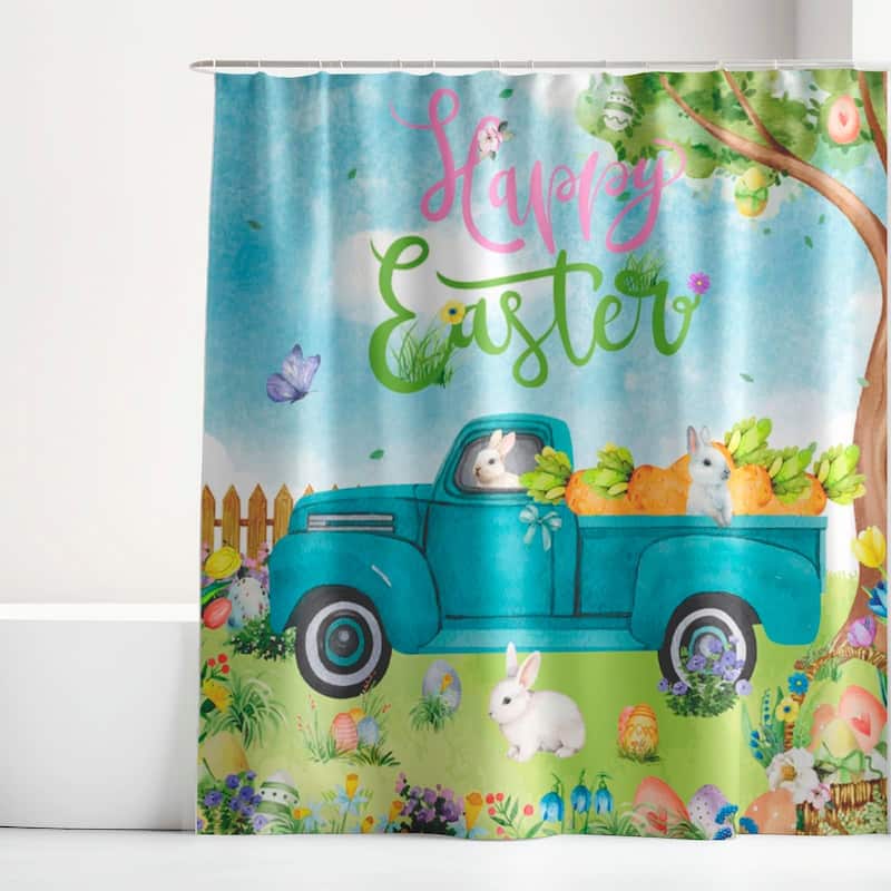 Happy Easter for Bathroom Easter Bunny With Eggs Shower Curtain