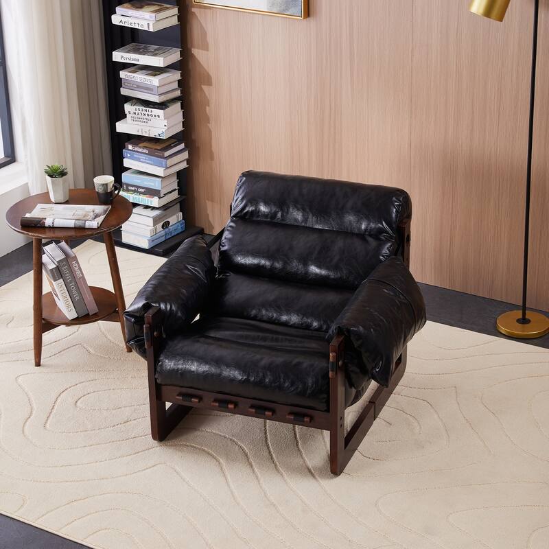 Lounge Chair Oil Wax Leather Sofa Chair with Removable Armrests, Rubber Wood Decorative Chair for Living Room - Antique Black