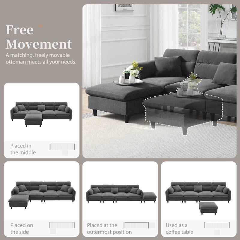 Convertible Sectional Sofa,L-Shaped Reversible Couch Set With Free Pillows,5 Seat Cloud Chenille Indoor Furniture With Ottoman