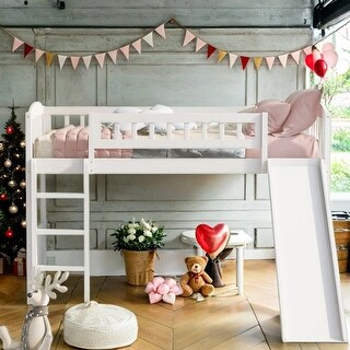 White Kids Bed Loft Bed with Slide and Ladder, Twin size for Bedroom