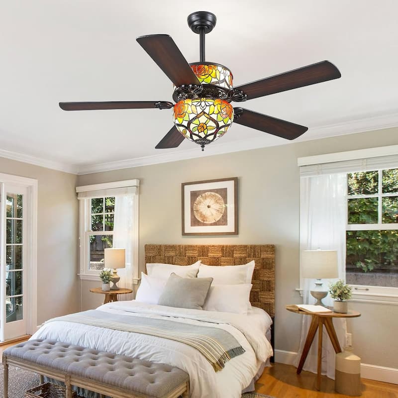 50" TiffanyTropical Ceiling Fan with 5 Palm Leaf Bllades and Vintage Cover Waterproof for Indoor and Outdoor Patio
