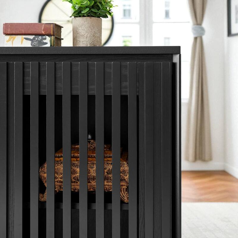 Mid Century Fluted Sideboard Cabinet with Outlet Holes, Solid Wood & MDF Buffet Storage for Entryway Hallway Dining Room.