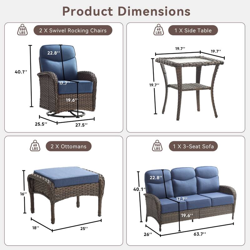 Pocassy Outdoor Wicker Patio Sofa with Swivel Chair Ottoman Sets