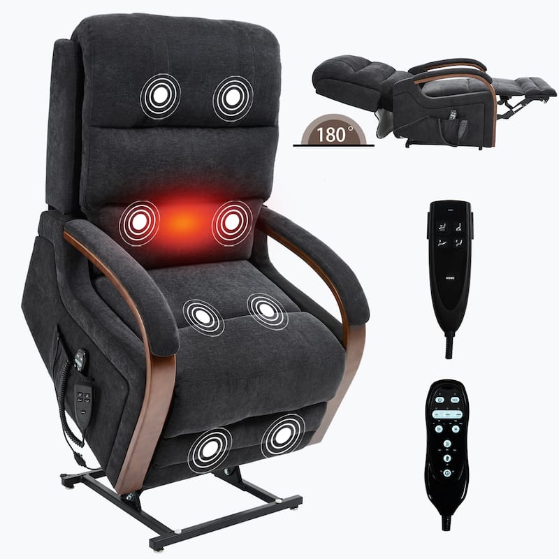 Chenille Power Lift Recliner Chair with Heat & Massage, Infinite Position Electric Recliner with Wood Armrests & Side Pockets
