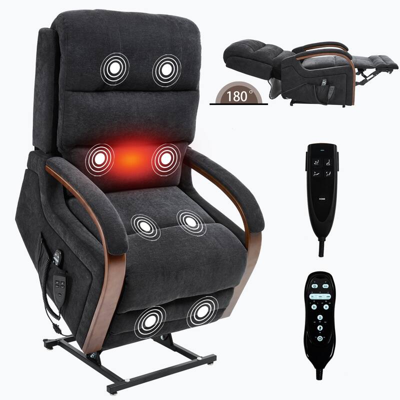 Roomfitters Dual Motor Power Lift Recliner, Infinite Position Massage Chair with Solid Wood Armrests, Chenille