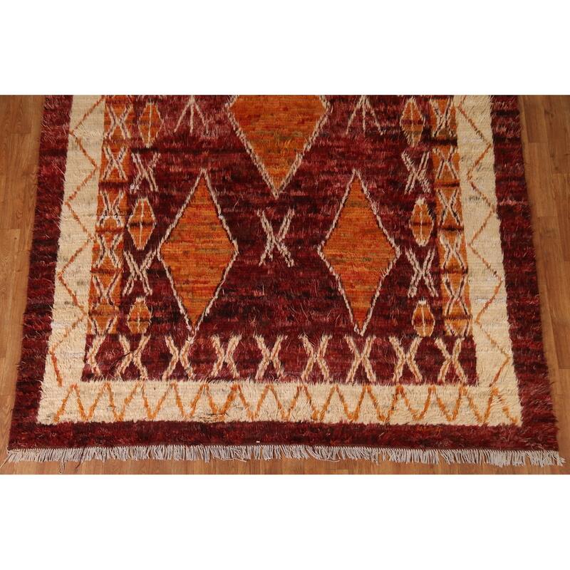 Hand Knotted Oriental 100% Wool Carpet Modern Tribal Red Moroccan Area Rug - 9' 10'' X 6' 10''