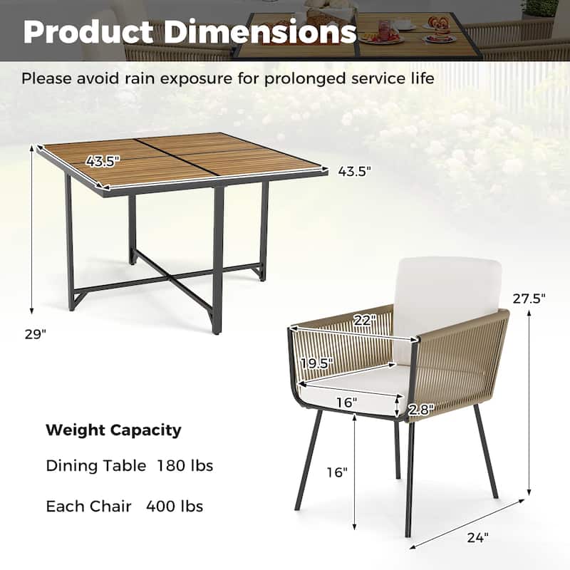 Light Brown Wicker Wood 5 Piece Patio Dining Set with Cushions - Dining Table: 43.5" x 43.5" x 29"