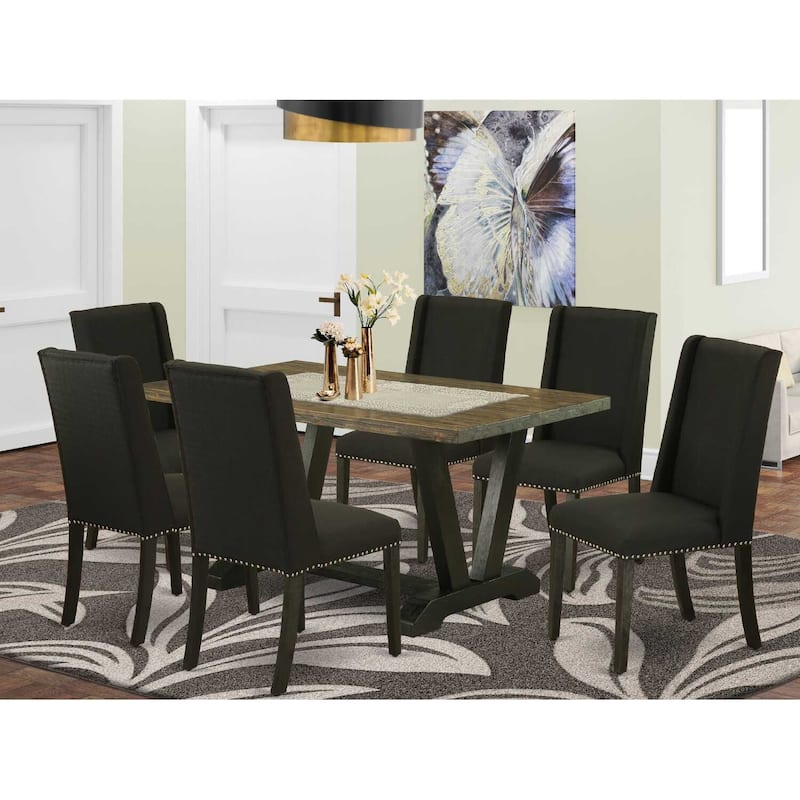 HomeStock 7-Pc Natural Oak Finish Solid Wood Top Dining Table with 6 Parson Chairs