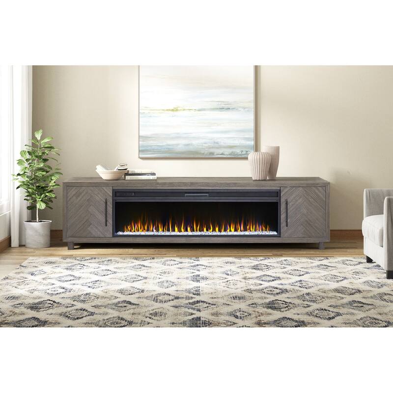 96" Fireplace Console, Entertainment Storage, TV Stand, Fully Assembled, Gray