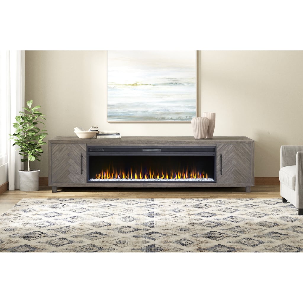 96" Fireplace Console, Entertainment Storage, TV Stand, Fully Assembled, Gray