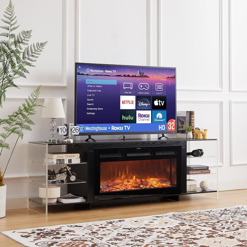 Javlergo Fireplace TV Stand with Power Outlet, Entertainment Center for 75 Inch TV Cabinet with Open Shelves - Black