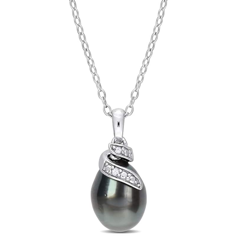 Miadora 8-9mm Black Tahitian Cultured Pearl Diamond Accent Swirl Pendant Chain Sterling Silver