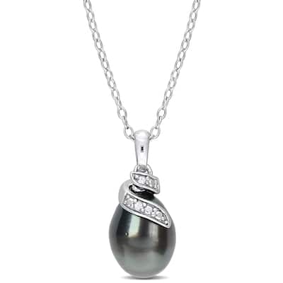 Miadora 8-9mm Black Tahitian Cultured Pearl Diamond Accent Swirl Pendant Chain Sterling Silver